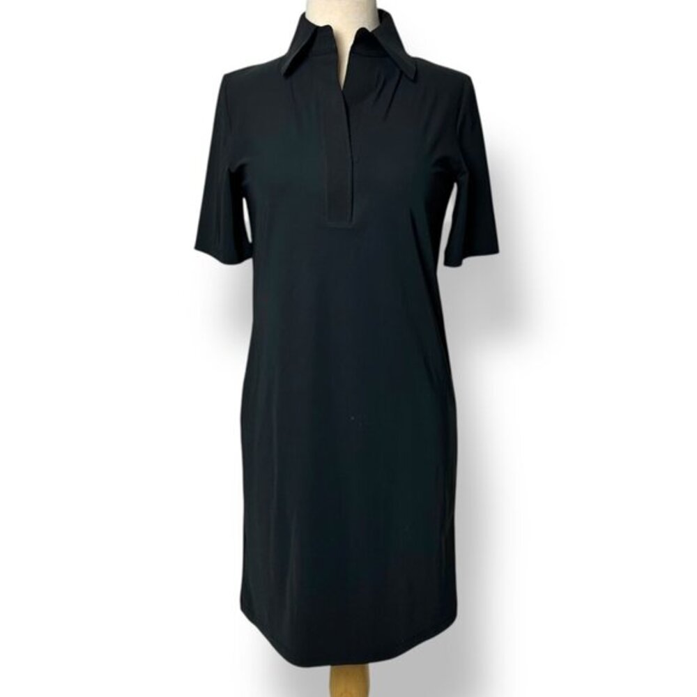 NWT SHAN Women's Black Lycra Polo Dress V-Neck Knee Length Short Sleeve Sz 02